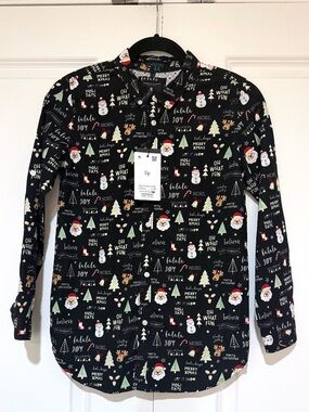 Denim & Flower Black Christmas/Holiday Print Button-Down Shirt